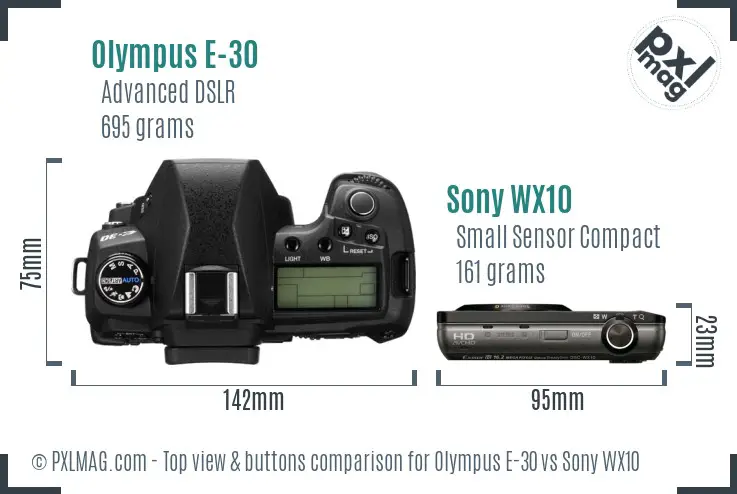 Olympus E-30 vs Sony WX10 top view buttons comparison