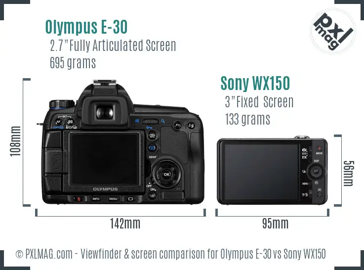 Olympus E-30 vs Sony WX150 Screen and Viewfinder comparison