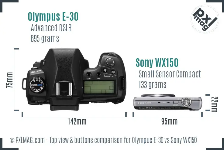 Olympus E-30 vs Sony WX150 top view buttons comparison