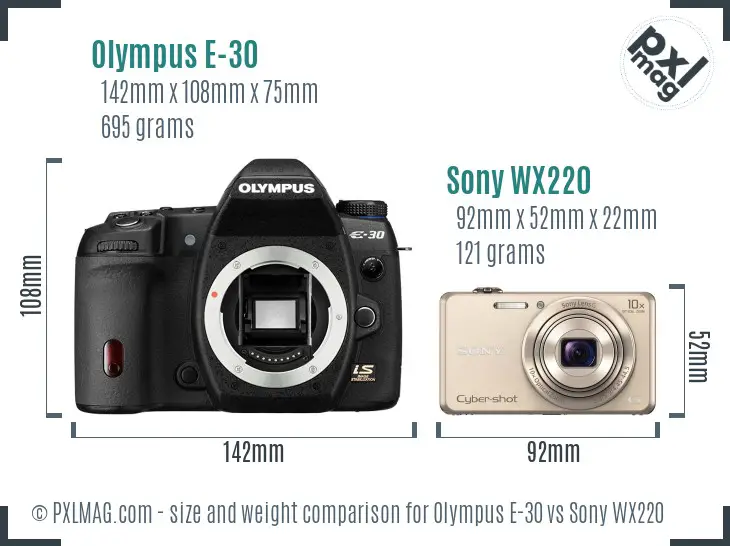 Olympus E-30 vs Sony WX220 size comparison