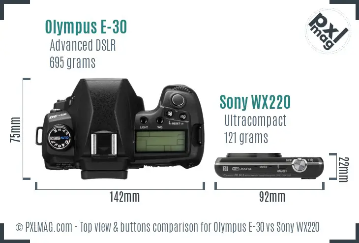 Olympus E-30 vs Sony WX220 top view buttons comparison