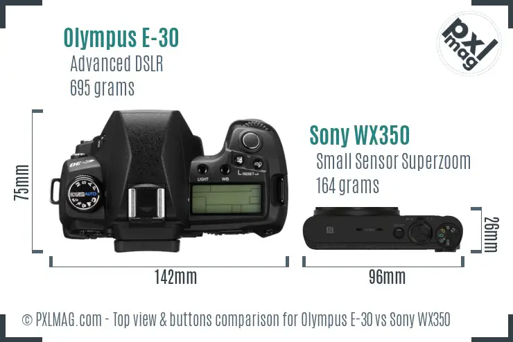 Olympus E-30 vs Sony WX350 top view buttons comparison