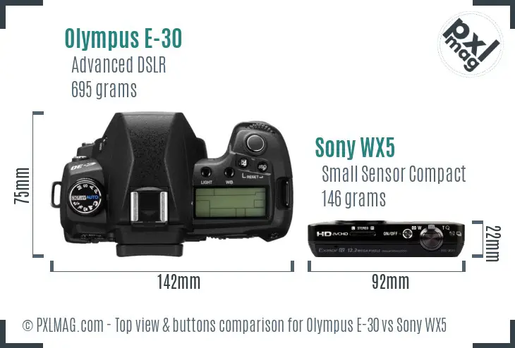 Olympus E-30 vs Sony WX5 top view buttons comparison