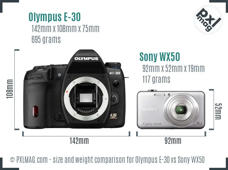 Olympus E-30 vs Sony WX50 size comparison