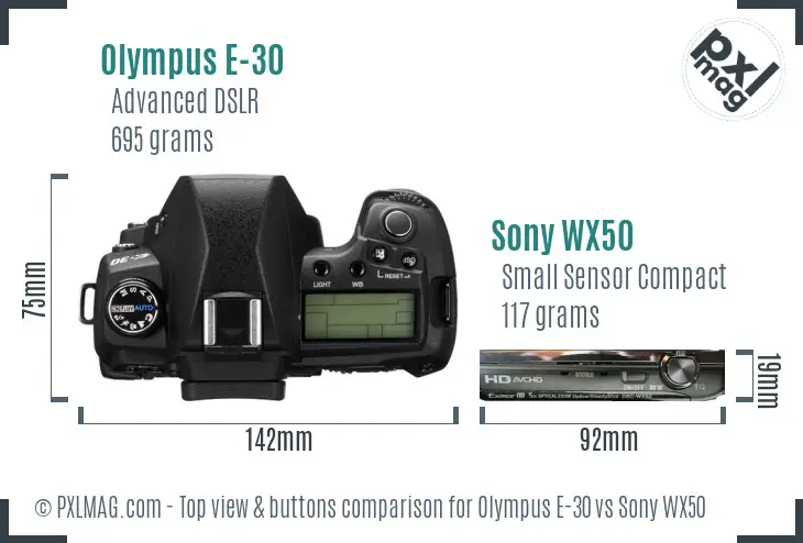 Olympus E-30 vs Sony WX50 top view buttons comparison