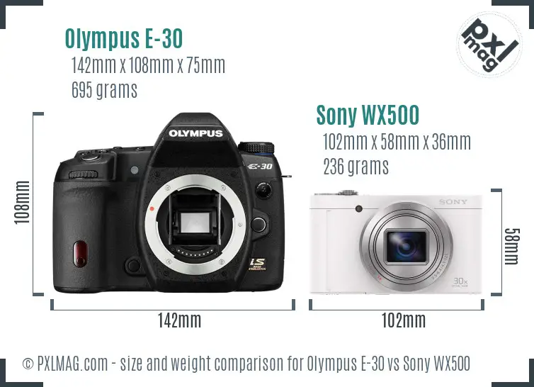 Olympus E-30 vs Sony WX500 size comparison