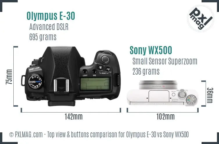 Olympus E-30 vs Sony WX500 top view buttons comparison