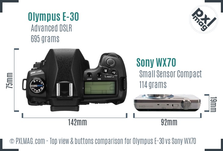 Olympus E-30 vs Sony WX70 top view buttons comparison