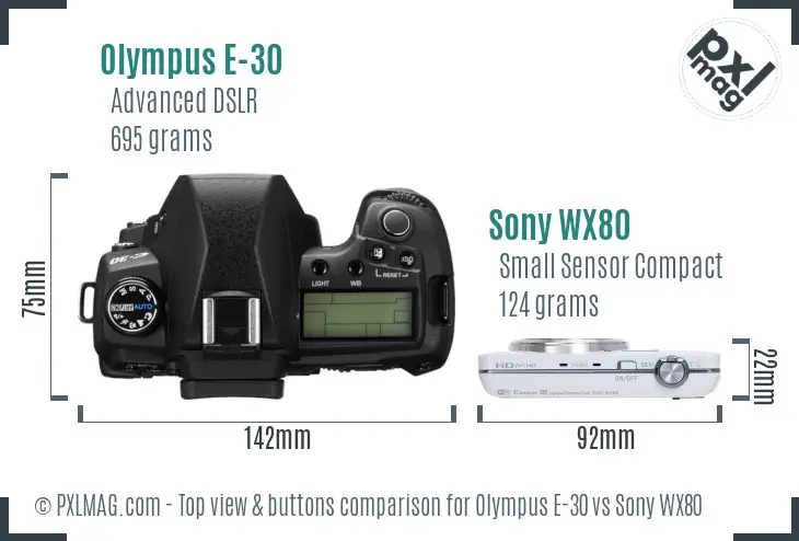 Olympus E-30 vs Sony WX80 top view buttons comparison