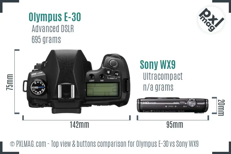 Olympus E-30 vs Sony WX9 top view buttons comparison