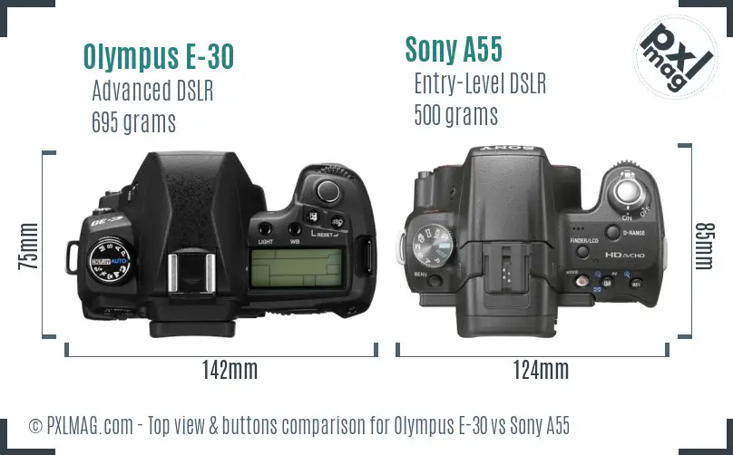 Olympus E-30 vs Sony A55 top view buttons comparison