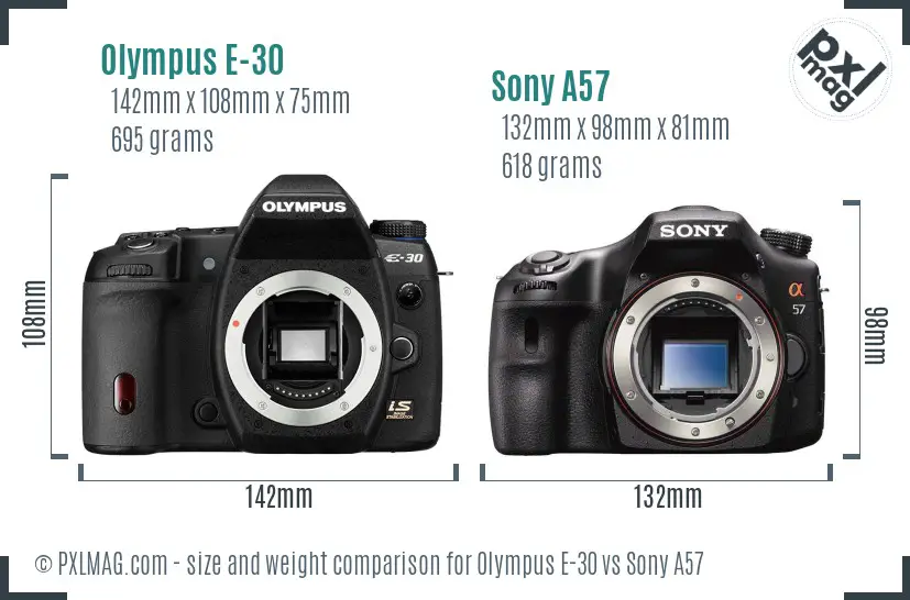 Olympus E-30 vs Sony A57 size comparison