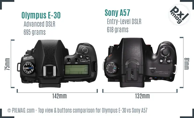 Olympus E-30 vs Sony A57 top view buttons comparison