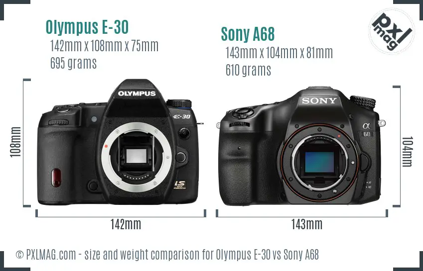 Olympus E-30 vs Sony A68 size comparison