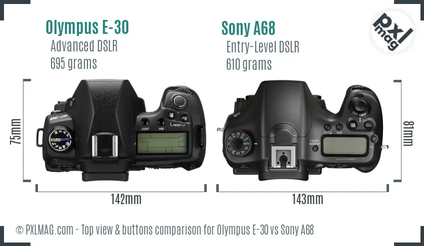 Olympus E-30 vs Sony A68 top view buttons comparison