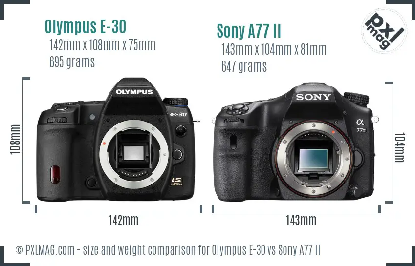 Olympus E-30 vs Sony A77 II size comparison