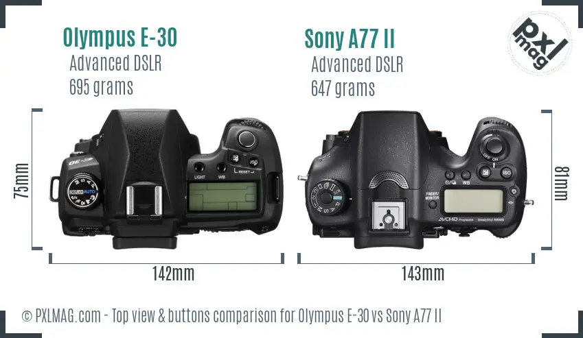 Olympus E-30 vs Sony A77 II top view buttons comparison