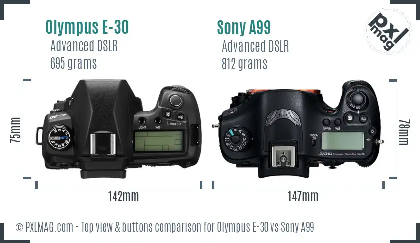 Olympus E-30 vs Sony A99 top view buttons comparison
