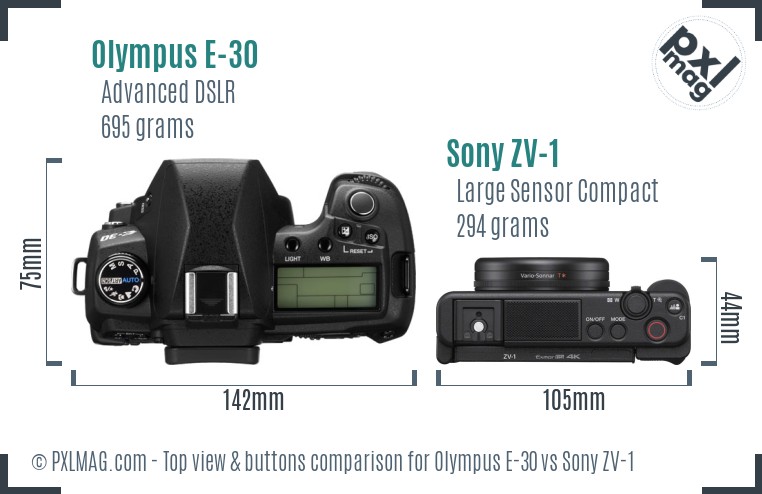 Olympus E-30 vs Sony ZV-1 top view buttons comparison