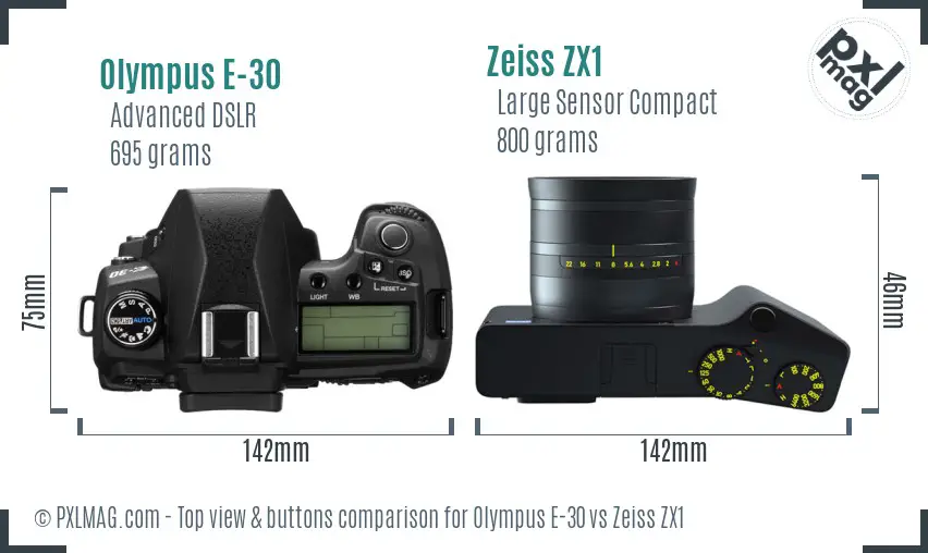 Olympus E-30 vs Zeiss ZX1 top view buttons comparison