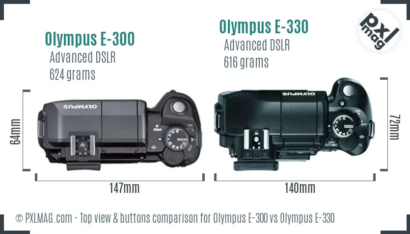 Olympus E-300 vs Olympus E-330 top view buttons comparison