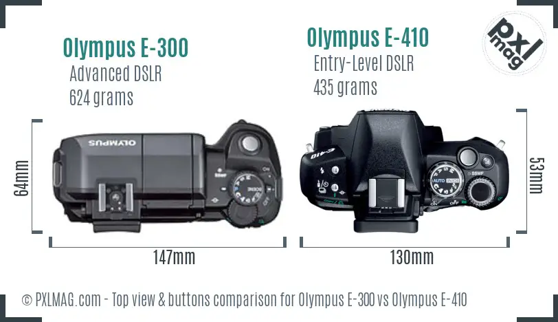 Olympus E-300 vs Olympus E-410 top view buttons comparison