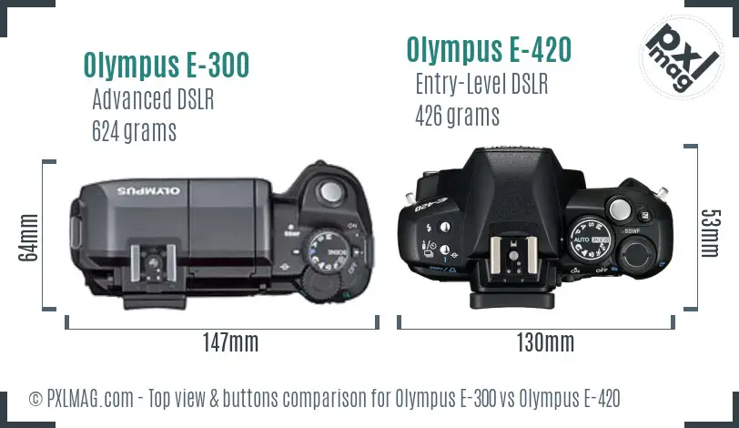 Olympus E-300 vs Olympus E-420 top view buttons comparison