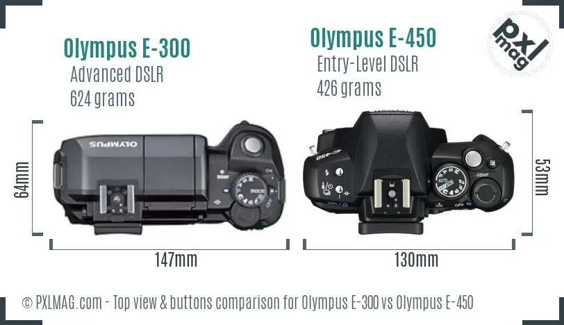 Olympus E-300 vs Olympus E-450 top view buttons comparison