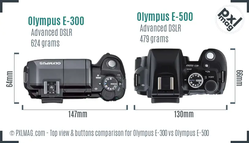Olympus E-300 vs Olympus E-500 top view buttons comparison