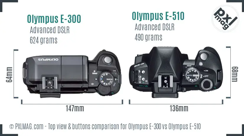 Olympus E-300 vs Olympus E-510 top view buttons comparison