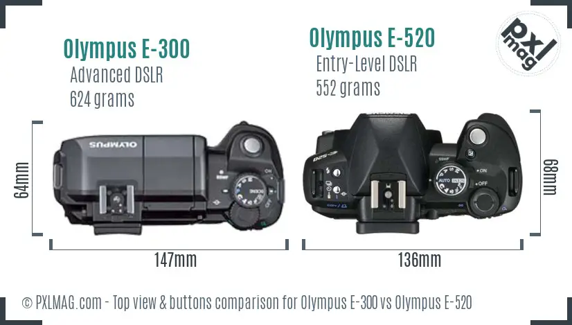 Olympus E-300 vs Olympus E-520 top view buttons comparison