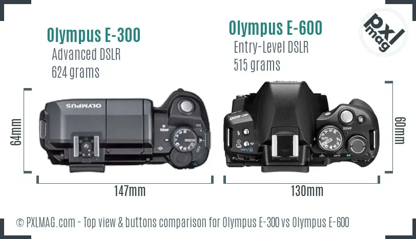 Olympus E-300 vs Olympus E-600 top view buttons comparison