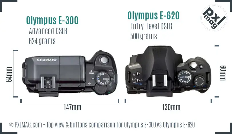 Olympus E-300 vs Olympus E-620 top view buttons comparison