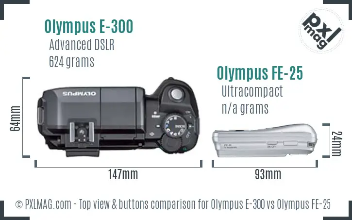 Olympus E-300 vs Olympus FE-25 top view buttons comparison