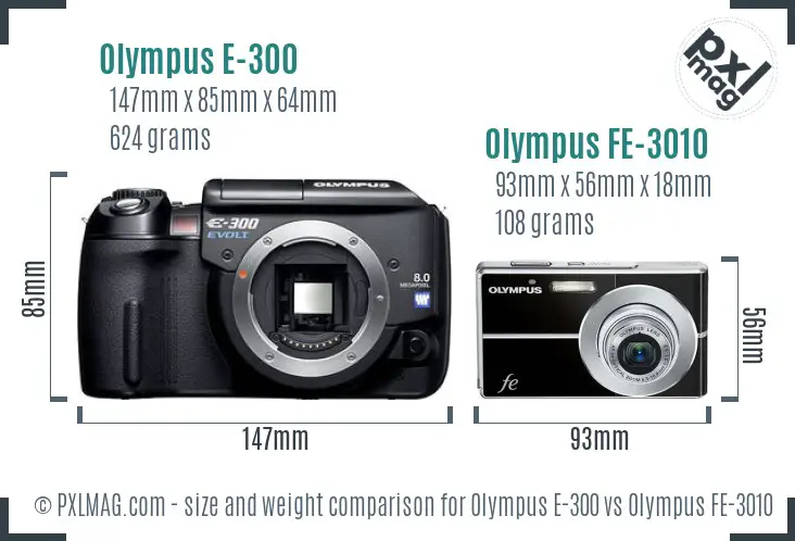Olympus E-300 vs Olympus FE-3010 size comparison