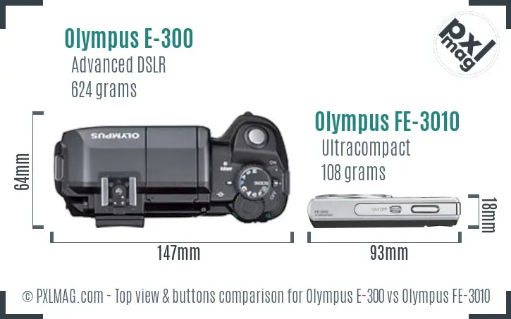 Olympus E-300 vs Olympus FE-3010 top view buttons comparison