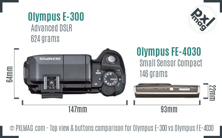 Olympus E-300 vs Olympus FE-4030 top view buttons comparison