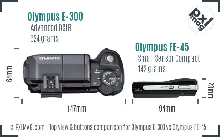 Olympus E-300 vs Olympus FE-45 top view buttons comparison