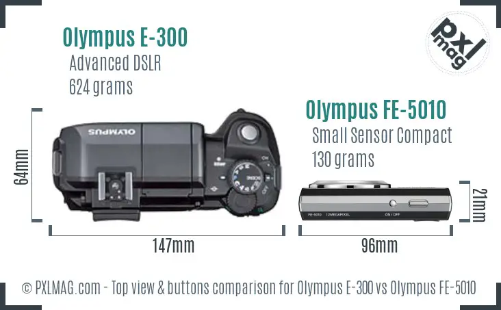 Olympus E-300 vs Olympus FE-5010 top view buttons comparison