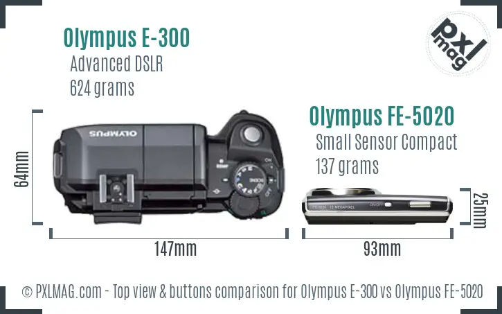 Olympus E-300 vs Olympus FE-5020 top view buttons comparison