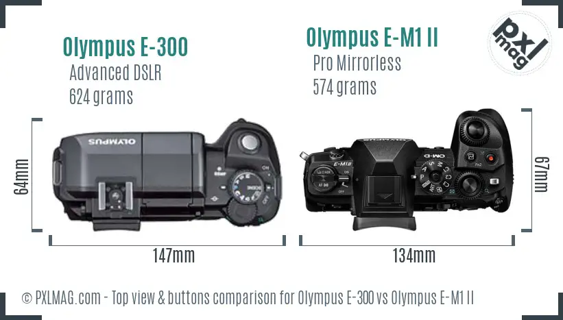 Olympus E-300 vs Olympus E-M1 II top view buttons comparison
