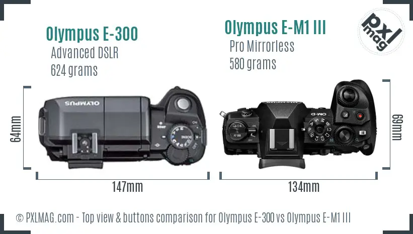 Olympus E-300 vs Olympus E-M1 III top view buttons comparison