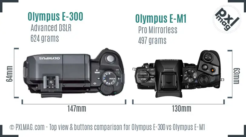 Olympus E-300 vs Olympus E-M1 top view buttons comparison