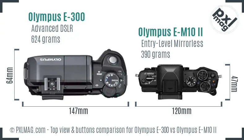 Olympus E-300 vs Olympus E-M10 II top view buttons comparison
