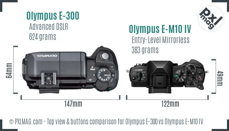Olympus E-300 vs Olympus E-M10 IV top view buttons comparison