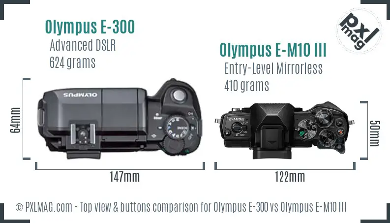 Olympus E-300 vs Olympus E-M10 III top view buttons comparison