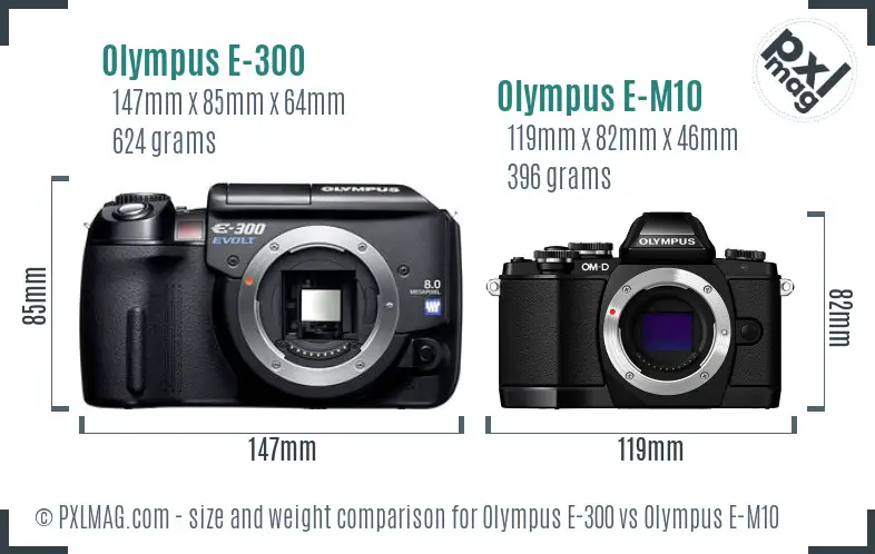 Olympus E-300 vs Olympus E-M10 size comparison