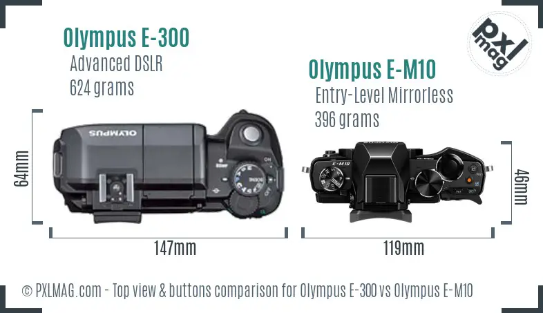 Olympus E-300 vs Olympus E-M10 top view buttons comparison