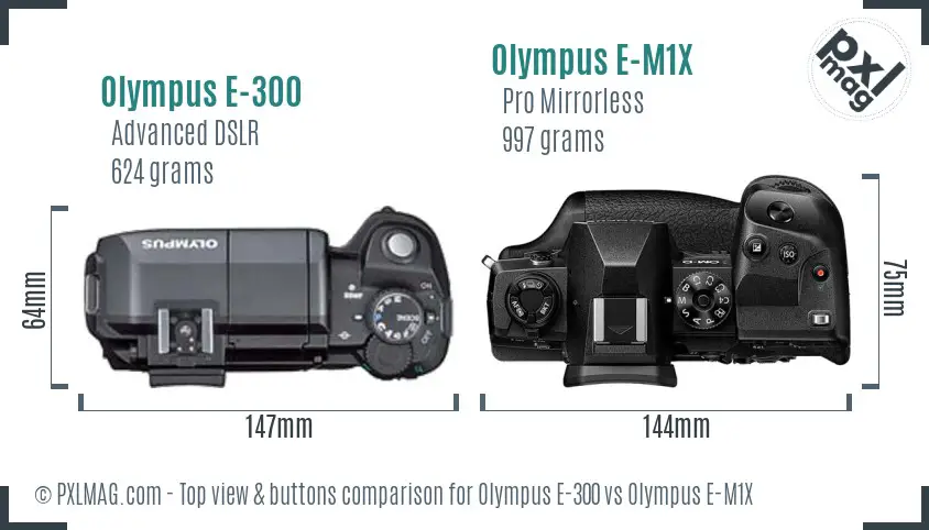 Olympus E-300 vs Olympus E-M1X top view buttons comparison