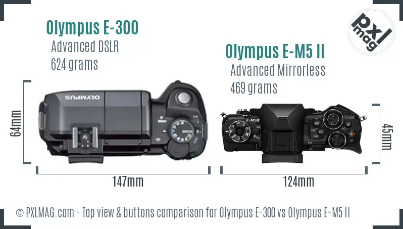 Olympus E-300 vs Olympus E-M5 II top view buttons comparison
